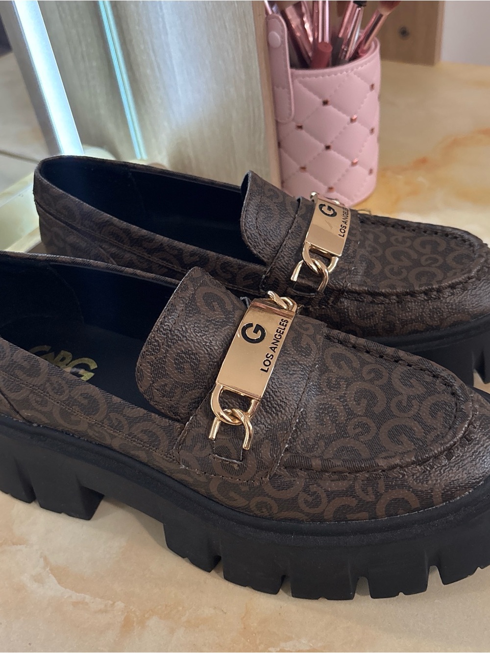 Guess Brown Logo Platform Loafers with Gold Accents